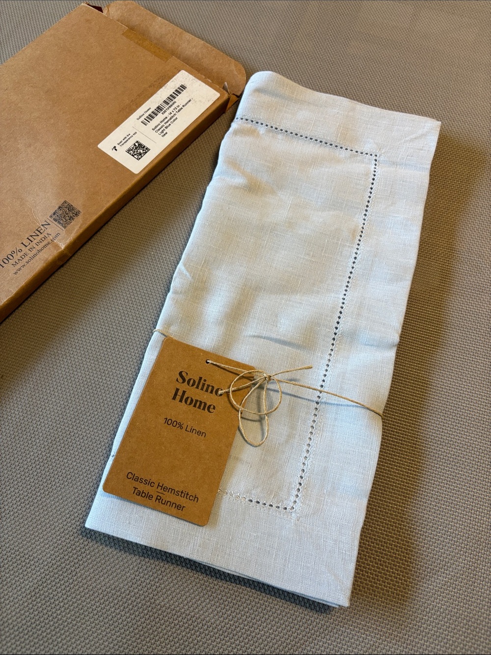 Solino home linen light blue 14 x 72 in table runner classic hem stitch NWT